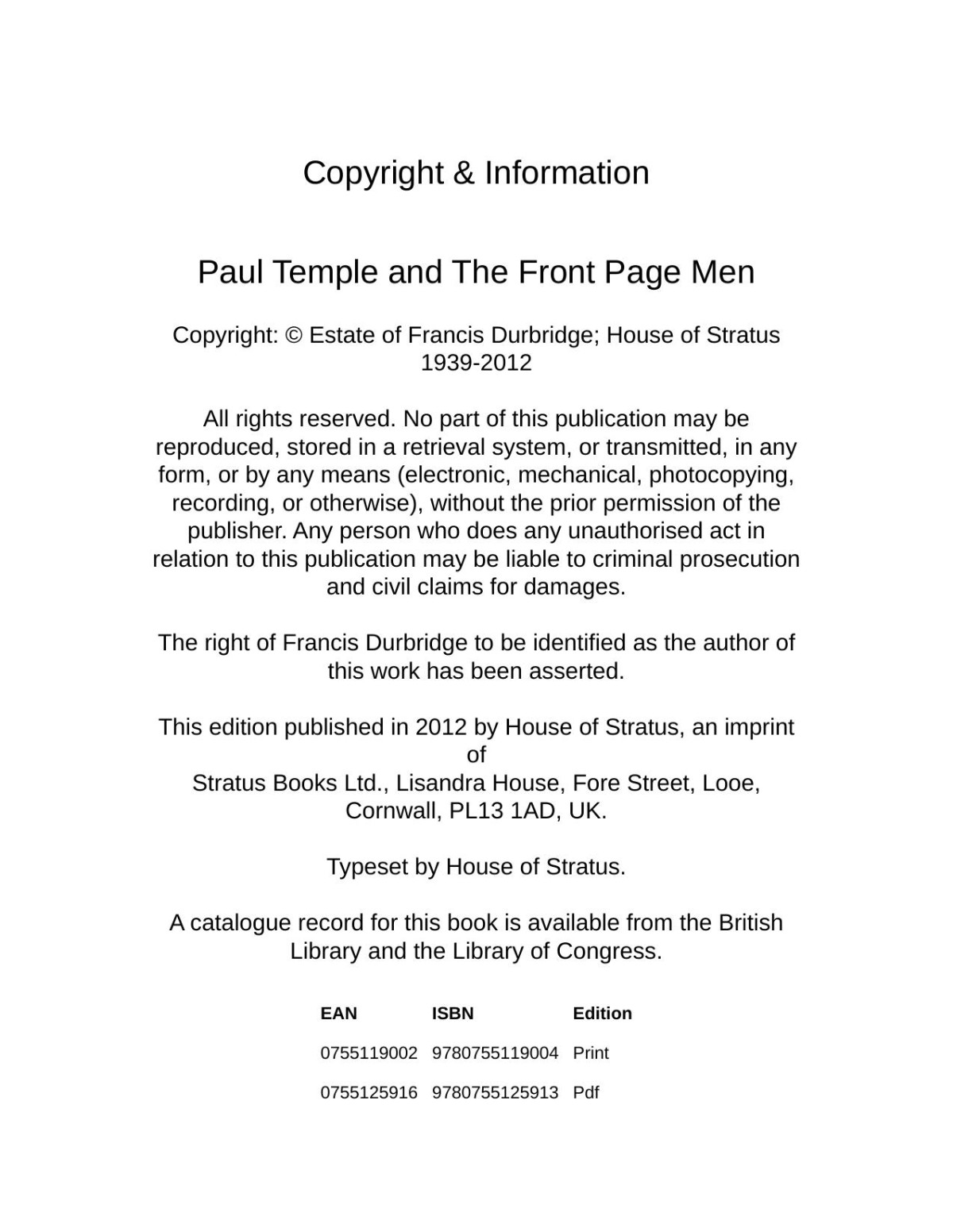 Paul Temple And The Front Page Men Francis Durbridge