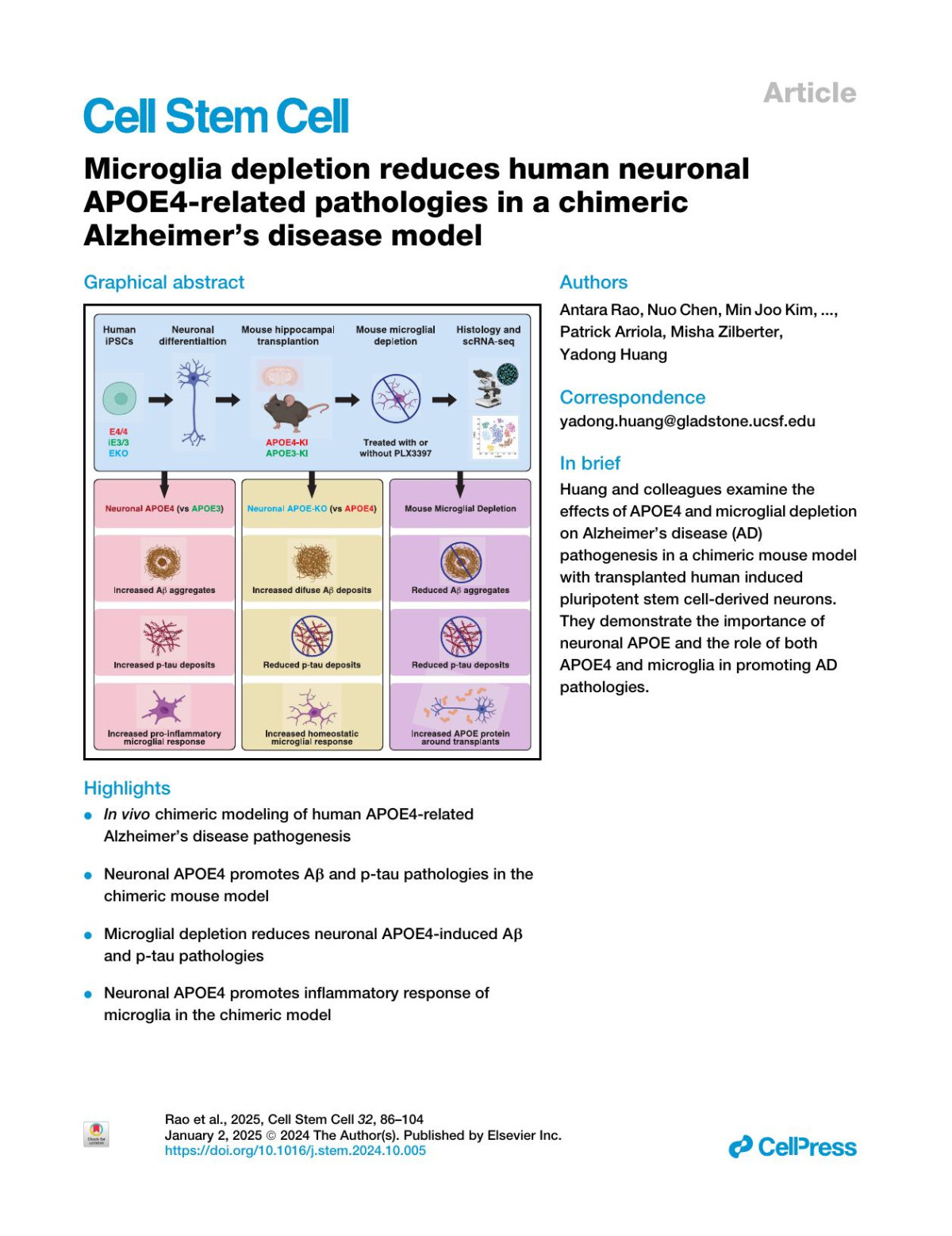 Microglia Depletion Reduces Human Neuronal Apoe4related Pathologies In A Chimeric Alzheimers Disease Model Antara Rao Nuo Chen Min Joo Kim Jessica Blumenfeld Oscar Yip Zherui Liang David Shostak Yanxia Hao Maxine R Nelson Nicole Koutsodendris Brian Grone Leo Ding Seo Yeon Yoon Patrick Arriola Misha Zilberter Yadong Huang