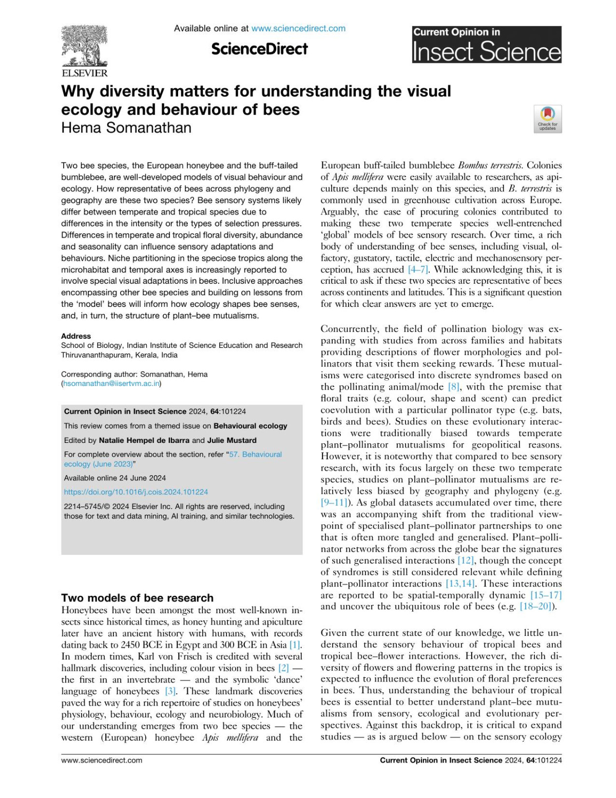 Why Diversity Matters For Understanding The Visual Ecology And Behaviour Of Bees Hema Somanathan