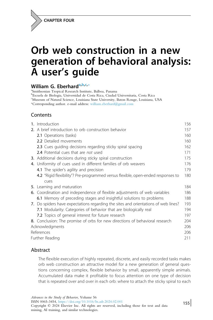 Orb Web Construction In A New Generation Of Behavioral Analysis A Users Guide William G Eberhard
