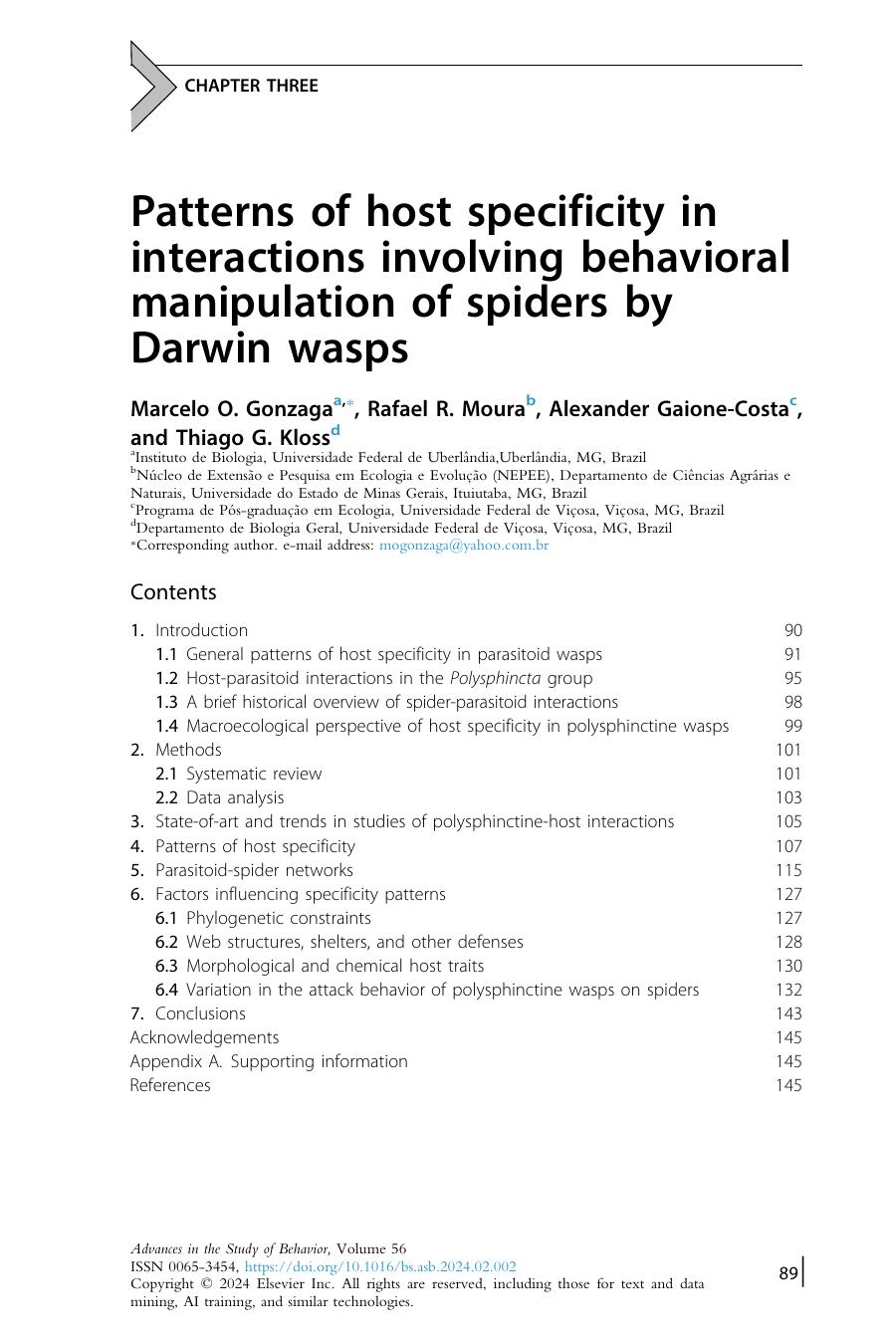 Patterns Of Host Specificity In Interactions Involving Behavioral Manipulation Of Spiders By Darwin Wasps Marcelo O Gonzaga Rafael R Moura Alexander Gaionecosta Thiago G Kloss