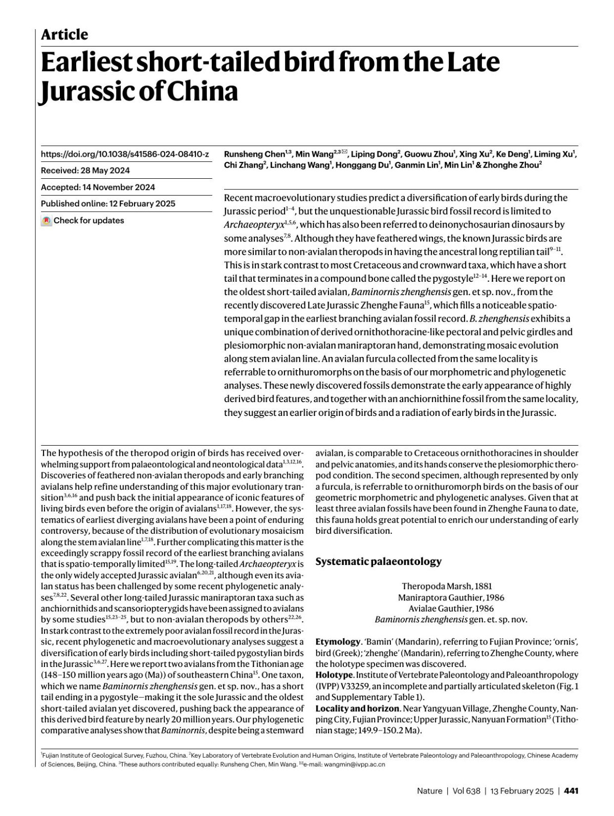 Earliest Shorttailed Bird From The Late Jurassic Of China Runsheng Chen Min Wang Liping Dong Guowu Zhou Xing Xu Ke Deng Liming Xu Chi Zhang Linchang Wang Honggang Du Ganmin Lin Min Lin Zhonghe Zhou