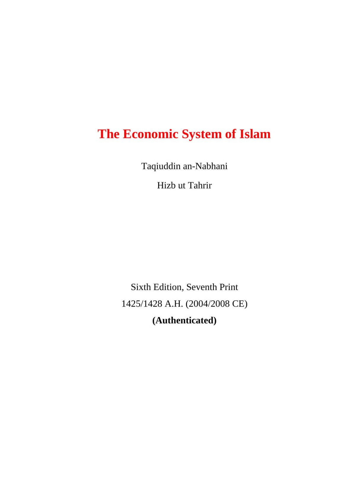 The Economic System Of Islam 6th Sheikh Taqiuddin Annabhani