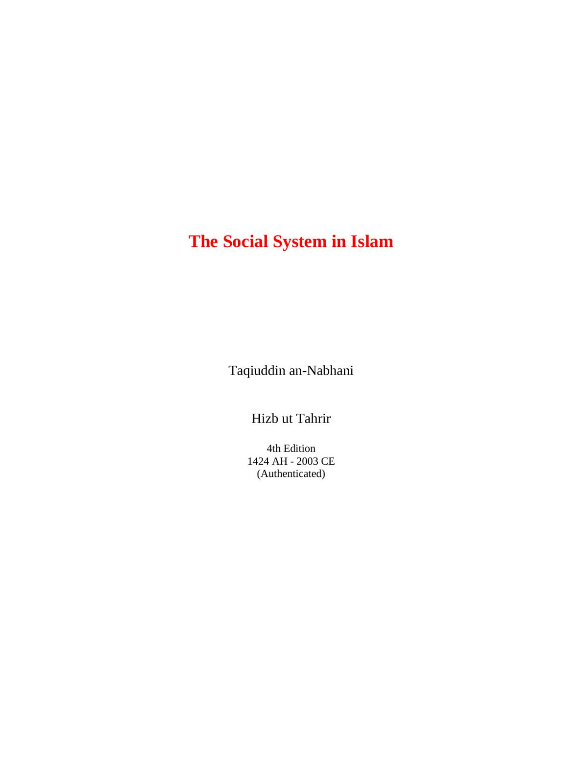 The Social System In Islam 4th Sheikh Taqiuddin Annabhani