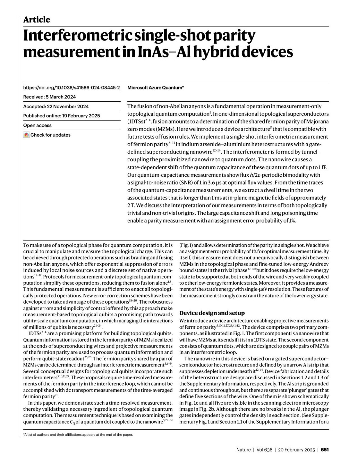 Interferometric Singleshot Parity Measurement In Inasal Hybrid Devices Microsoft Azure Quantum