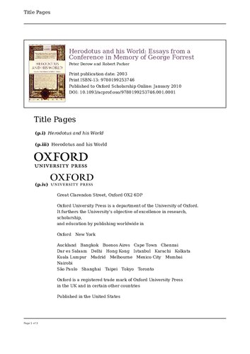 Herodotus And His World Essays From A Conference In Memory Of George Forrest Online Peter Derow And Robert Ct Parker
