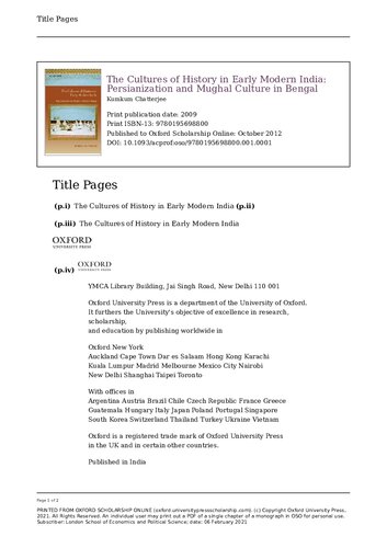The Cultures Of History In Early Modern India Persianization And Mughal Culture In Bengal Kumkum Chatterjee