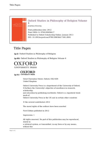 Oxford Studies In Philosophy Of Religion 1st Edition Jonathan L Kvanvig Editor