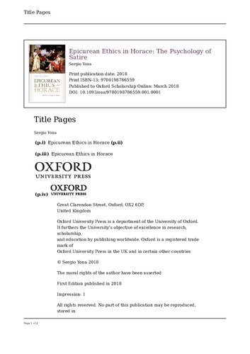 Epicurean Ethics In Horace The Psychology Of Satire Sergio Yona