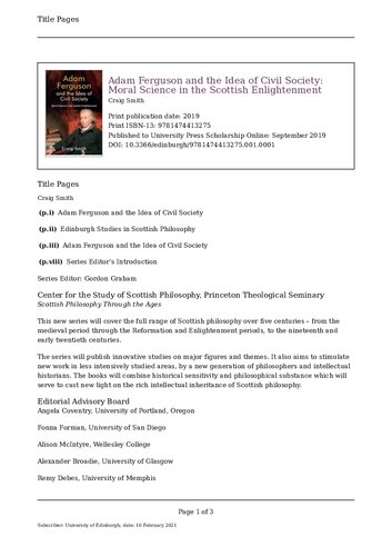 Adam Ferguson And The Idea Of Civil Society Moral Science In The Scottish Enlightenment Edinburgh Studies In Scottish Philosophy Craig Smith