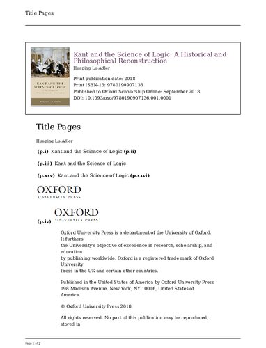 Kant And The Science Of Logic A Historical And Philosophical Reconstruction Huaping Luadler
