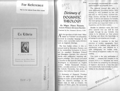Dictionary Of Dogmatic Theology Pietro Parente Antonio Piolante Salvatore Garafalo