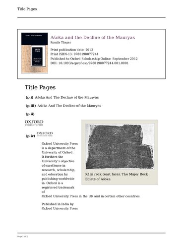 Asoka And The Decline Of The Mauryas Romila Thapar