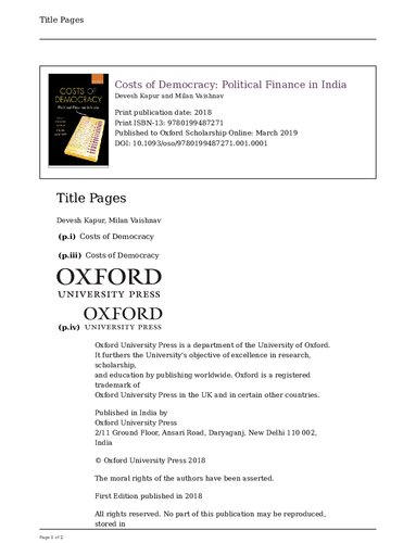 Costs Of Democracy Political Finance In India 1 Ed Devesh Kapur Milan Vaishnav