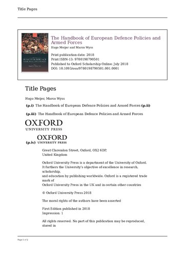 The Handbook Of European Defence Policies And Armed Forces Hugo Meijer Marco Wyss Editors