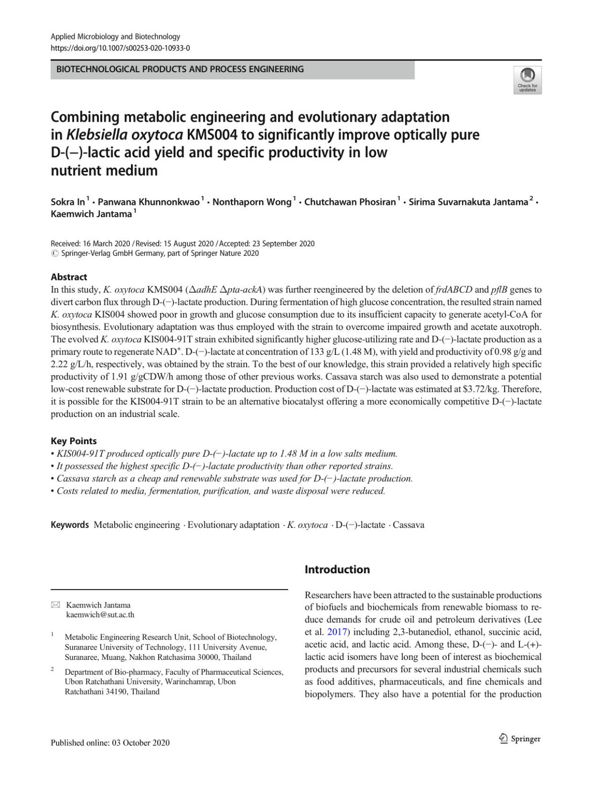 Combining Metabolic Engineering And Evolutionary Adaptation In Klebsiella Oxytoca Kms004 To Significantly Improve Optically Pure Dlactic Acid Yield And Specific Productivity In Low Nutrient Medium Sokra In Panwana Khunnonkwao Nonthaporn Wong Chutchawan Phosiran Sirima Suvarnakuta Jantama Kaemwich Jantama