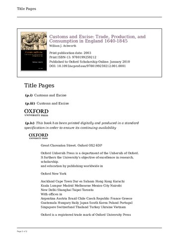 Customs And Excise Trade Production And Consumption In England 16401845 New William J Ashworth