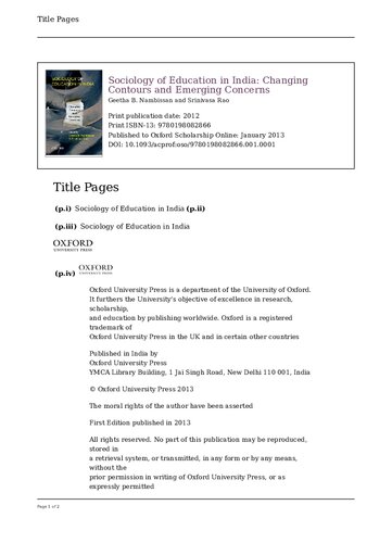 Sociology Of Education In India Changing Contours And Emerging Concerns Geetha B Nambissan Srinivasa Rao