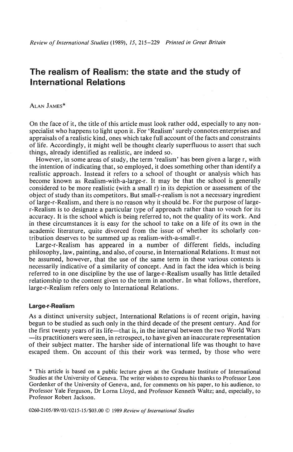 The Realism Of Realism The State And The Study Of International Relations 3rd Edition Alan James