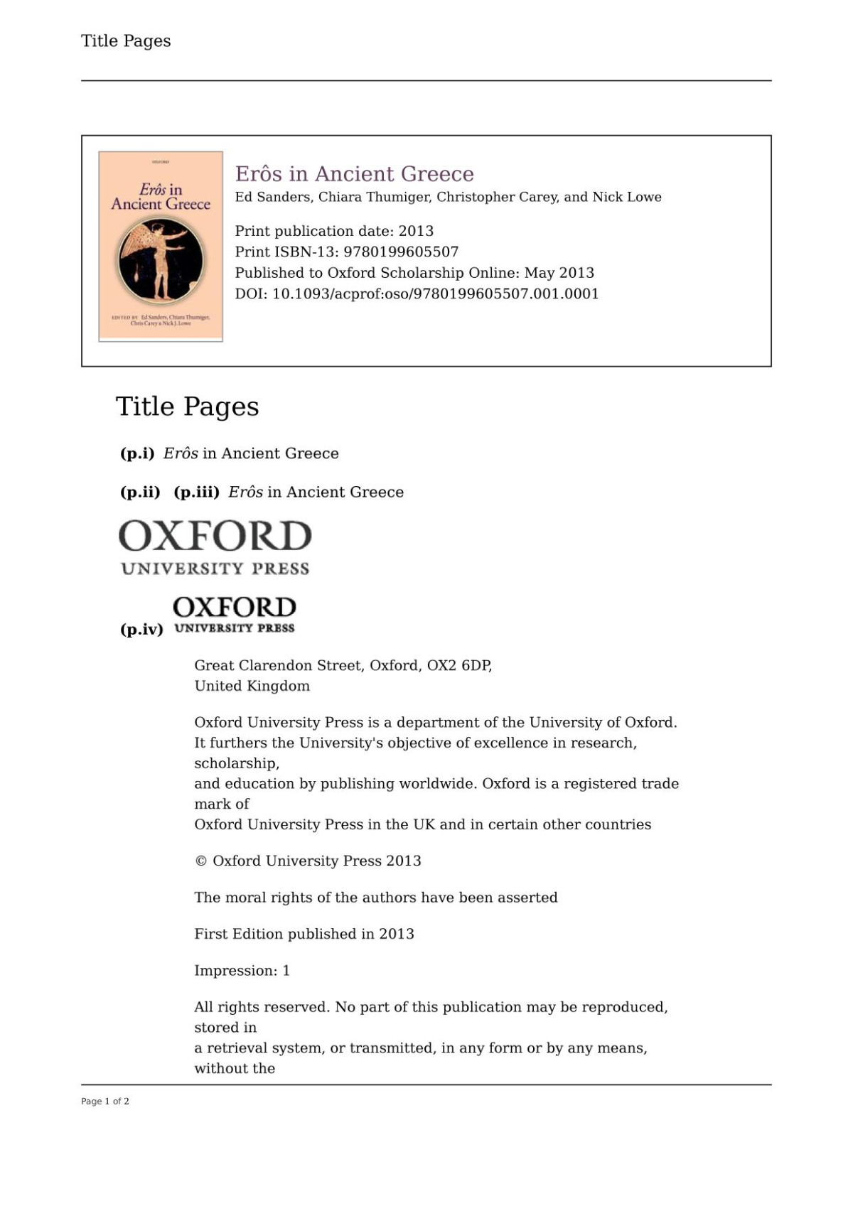 Eros In Ancient Greece Online Ed Sanders Chiara Thumiger Christopher Carey Nick Lowe