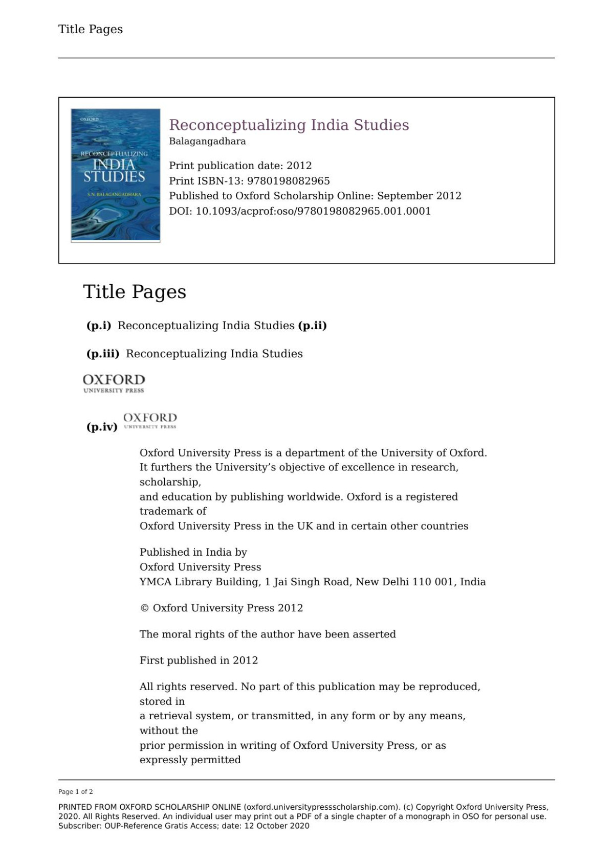 Reconceptualizing India Studies Balagangadhara Balagangadhara