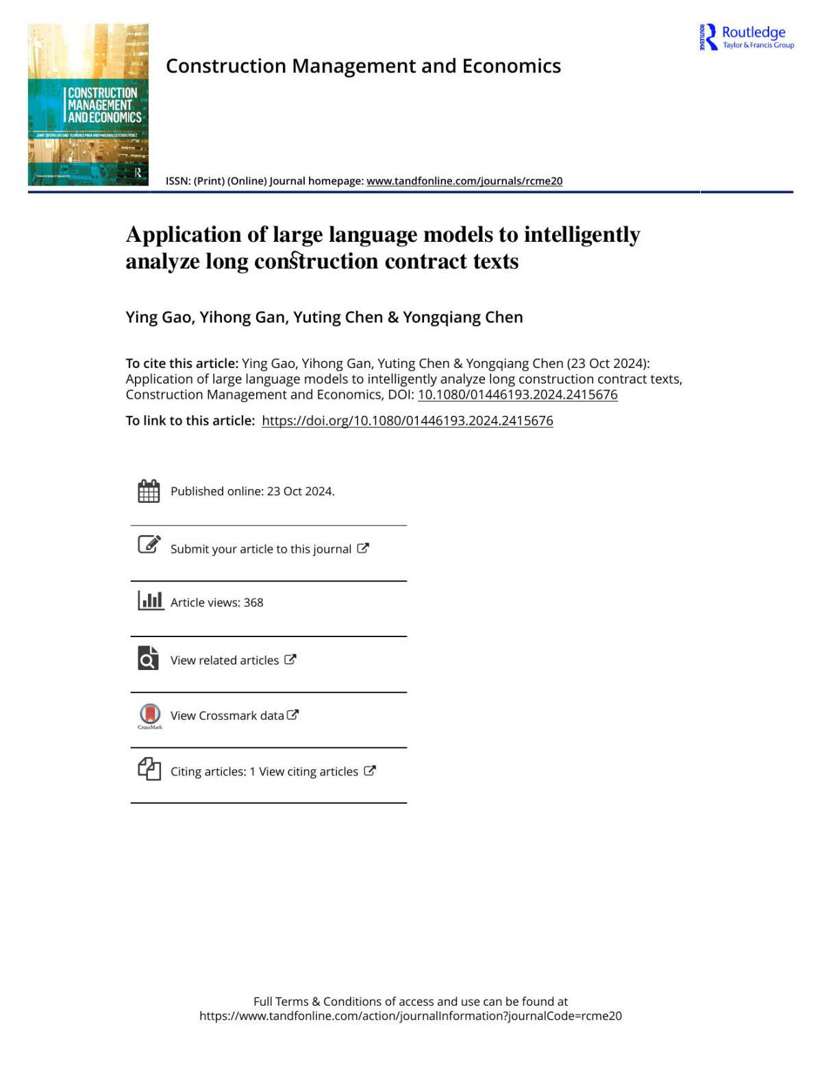 Application Of Large Language Models To Intelligently Analyze Long Construction Contract Texts Gao Ying Gan Yihong Chen Yuting Chen Yongqiang