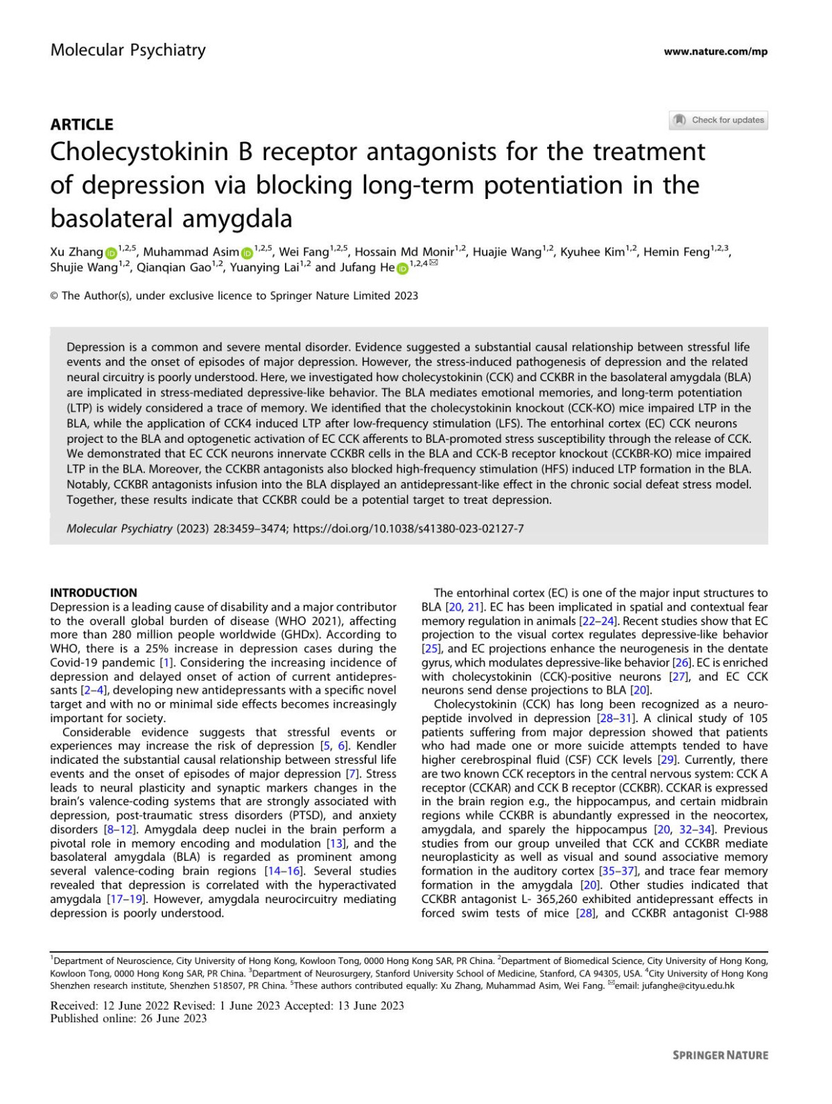 Cholecystokinin B Receptor Antagonists For The Treatment Of Depression Via Blocking Longterm Potentiation In The Basolateral Amygdala Xu Zhang Muhammad Asim Wei Fang Hossain Md Monir Huajie Wang Kyuhee Kim Hemin Feng Shujie Wang Qianqian Gao Yuanying Lai Jufang He