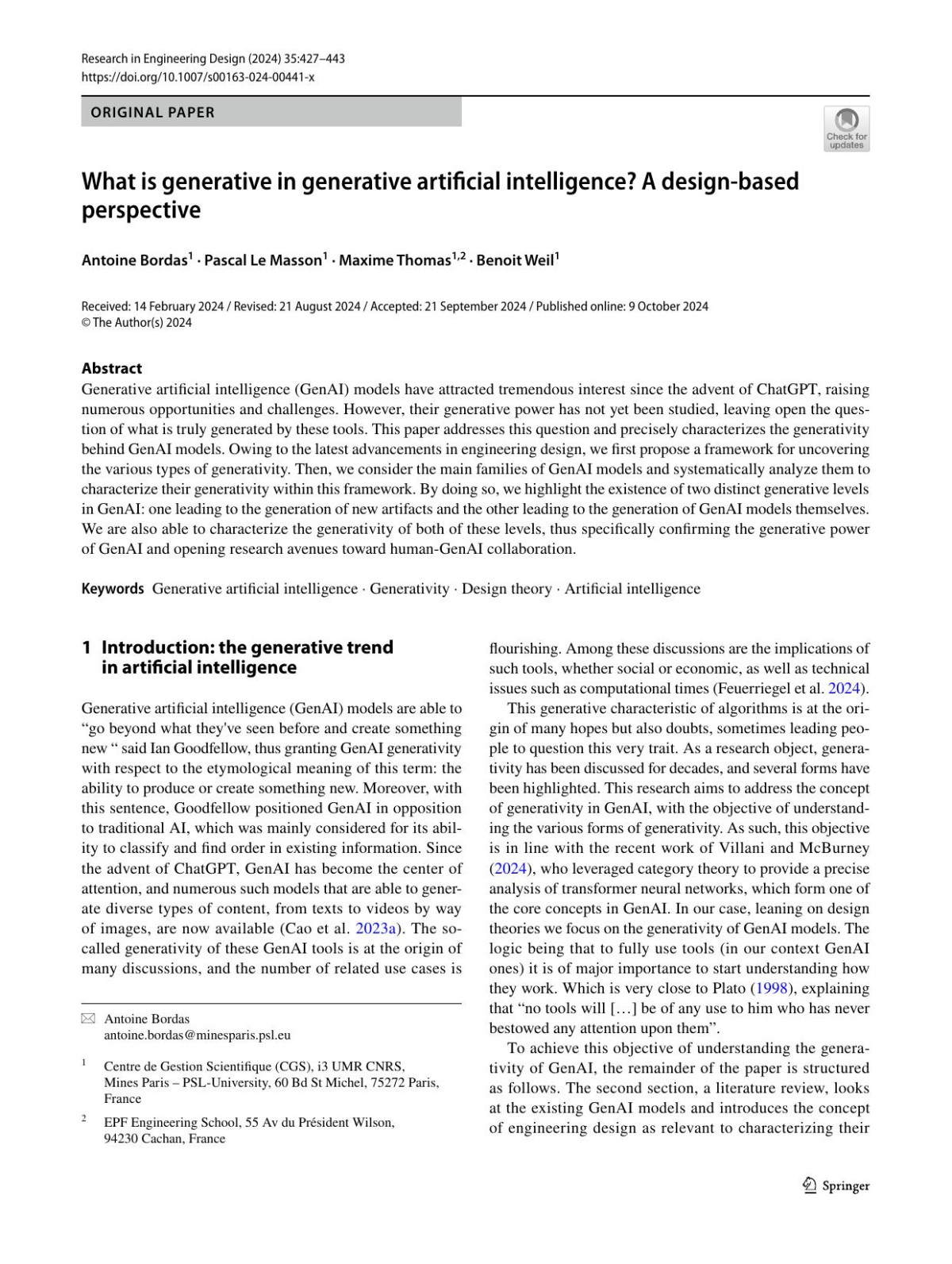 What Is Generative In Generative Artificial Intelligence A Designbased Perspective Antoine Bordas Pascal Le Masson Maxime Thomas Benoit Weil