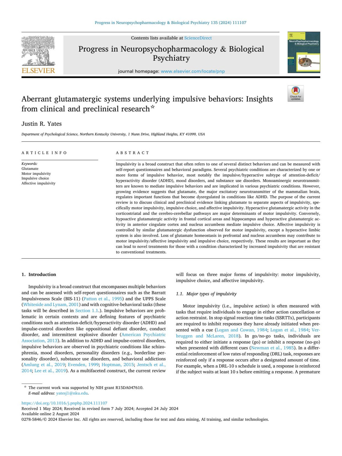 Aberrant Glutamatergic Systems Underlying Impulsive Behaviors Insights From Clinical And Preclinical Research Justin R Yates