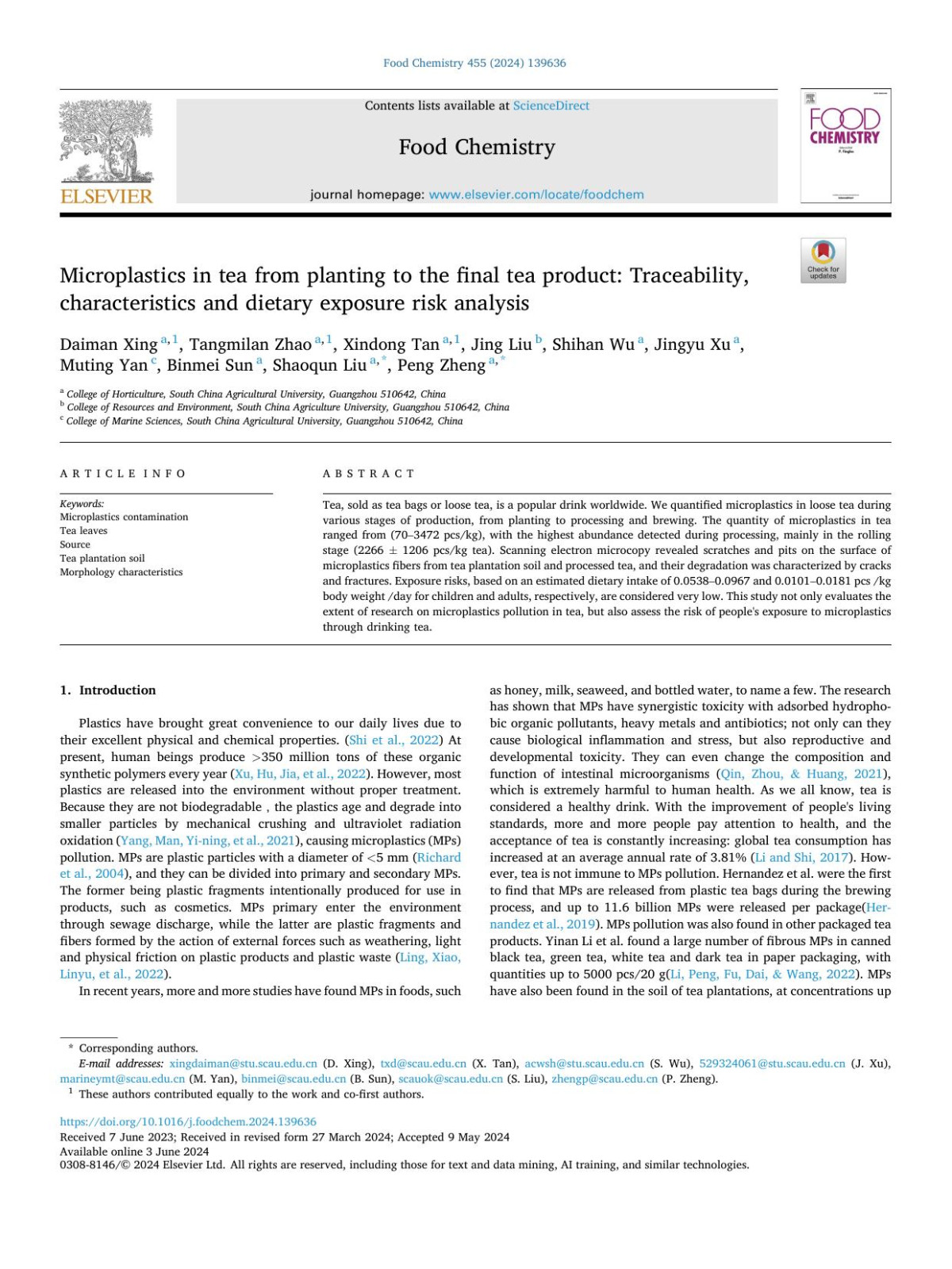 Microplastics In Tea From Planting To The Final Tea Product Traceability Characteristics And Dietary Exposure Risk Analysis Daiman Xing