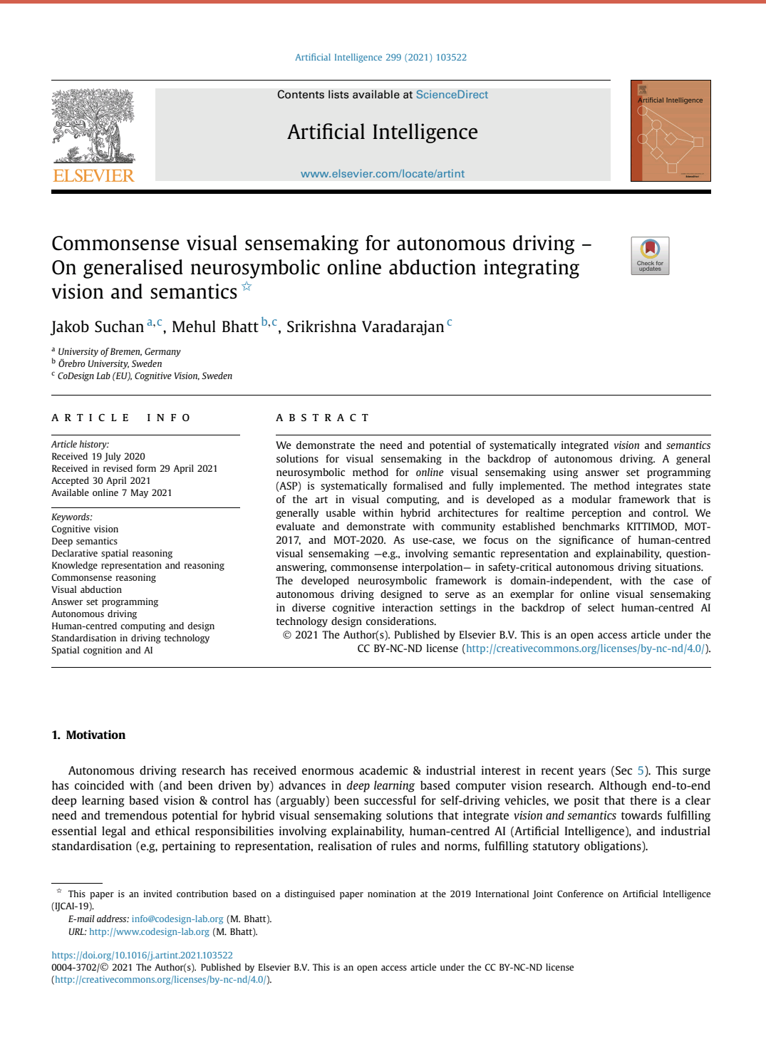 Commonsense Visual Sensemaking For Autonomous Driving On Generalised Neurosymbolic Online Abduction Integrating Vision And Semantics Jakob Suchan Mehul Bhatt Srikrishna Varadarajan