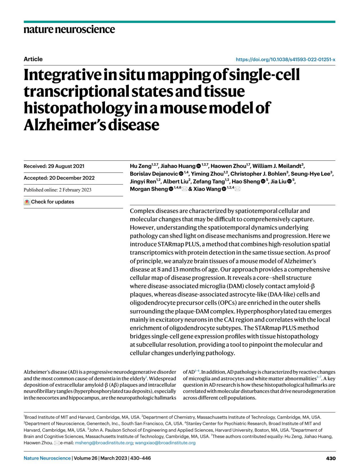 Integrative In Situ Mapping Of Singlecell Transcriptional States And Tissue Histopathology In A Mouse Model Of Alzheimers Disease Hu Zeng Jiahao Huang Haowen Zhou William J Meilandt Borislav Dejanovic Yiming Zhou Christopher J Bohlen Seunghye Lee Jingyi Ren Albert Liu Zefang Tang Hao Sheng Jia Liu Morgan Sheng Xiao Wang