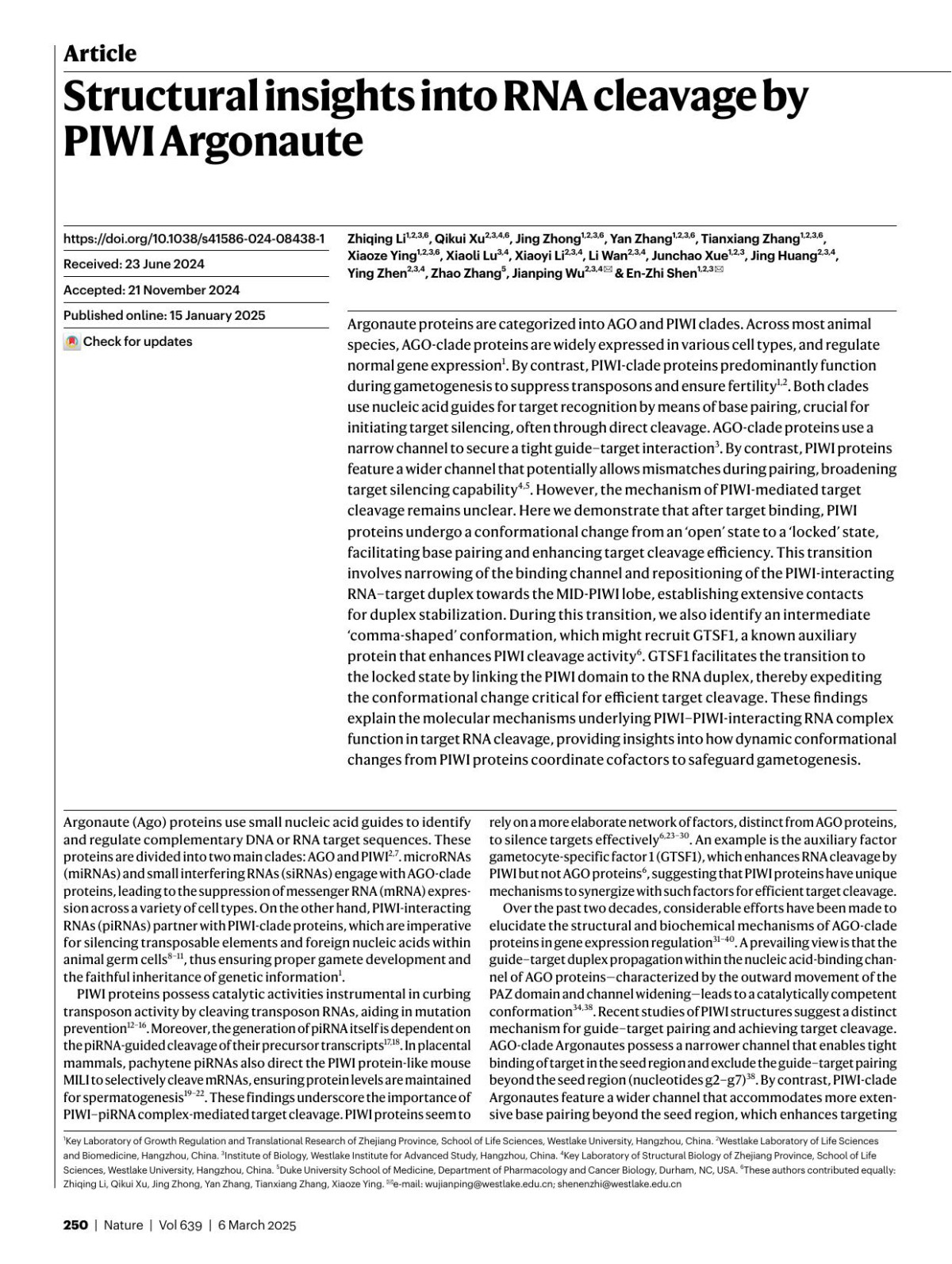 Structural Insights Into Rna Cleavage By Piwi Argonaute Zhiqing Li Qikui Xu Jing Zhong Yan Zhang Tianxiang Zhang Xiaoze Ying Xiaoli Lu Xiaoyi Li Li Wan Junchao Xue Jing Huang Ying Zhen Zhao Zhang Jianping Wu Enzhi Shen