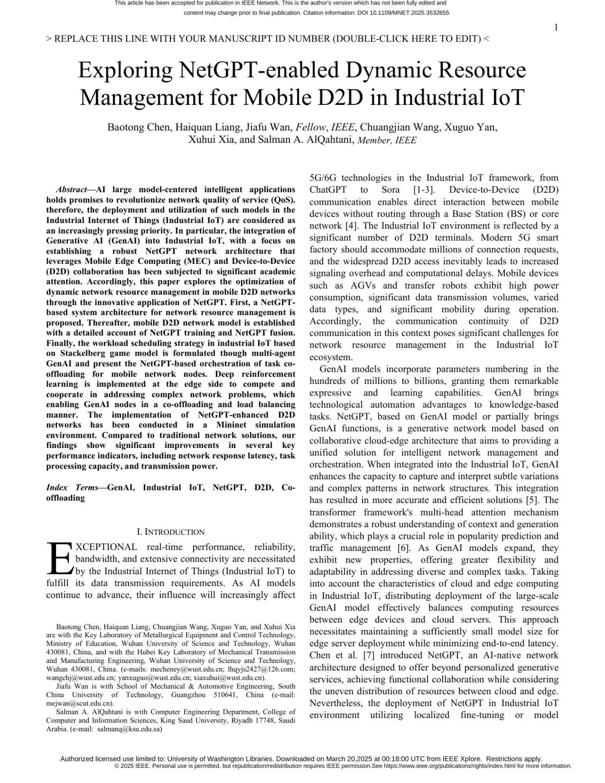 Exploring Netgptenabled Dynamic Resource Management For Mobile D2d In Industrial Iot Baotong Chen Haiquan Liang Jiafu Wan Chuangjian Wang Xuguo Yan Xuhui Xia Salman A Alqahtani