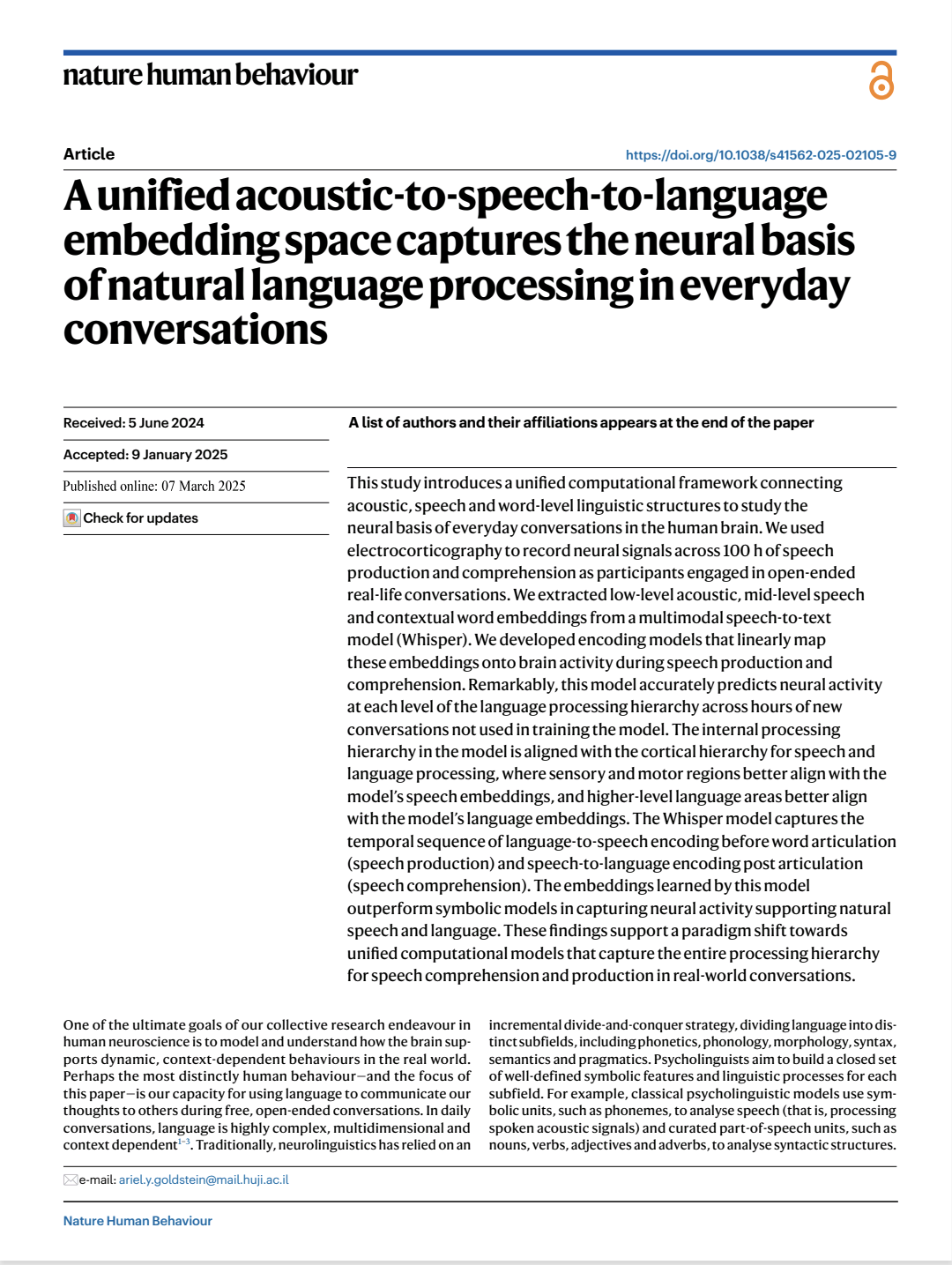 A Unified Acoustictospeechtolanguage Embedding Space Captures The Neural Basis Of Natural Language Processing In Everyday Conversations Nature Human Behaviour