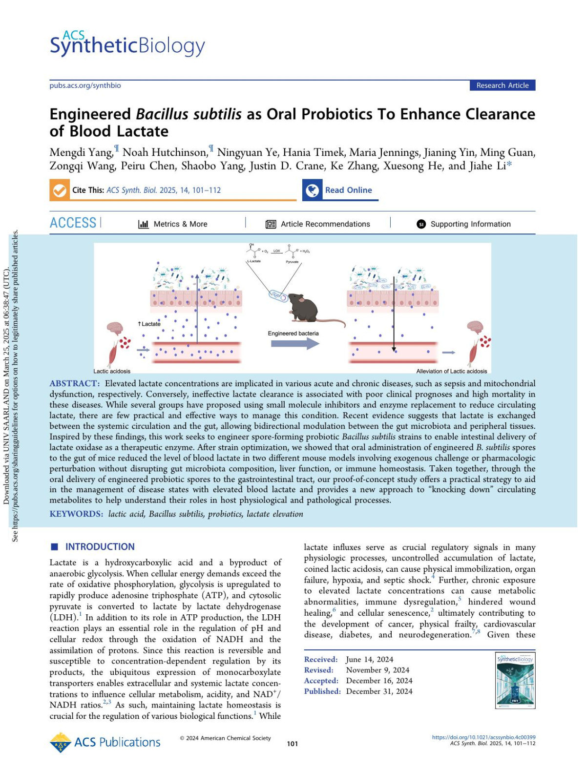 Engineered Bacillus Subtilis As Oral Probiotics To Enhance Clearance Of Blood Lactate Mengdi Yang