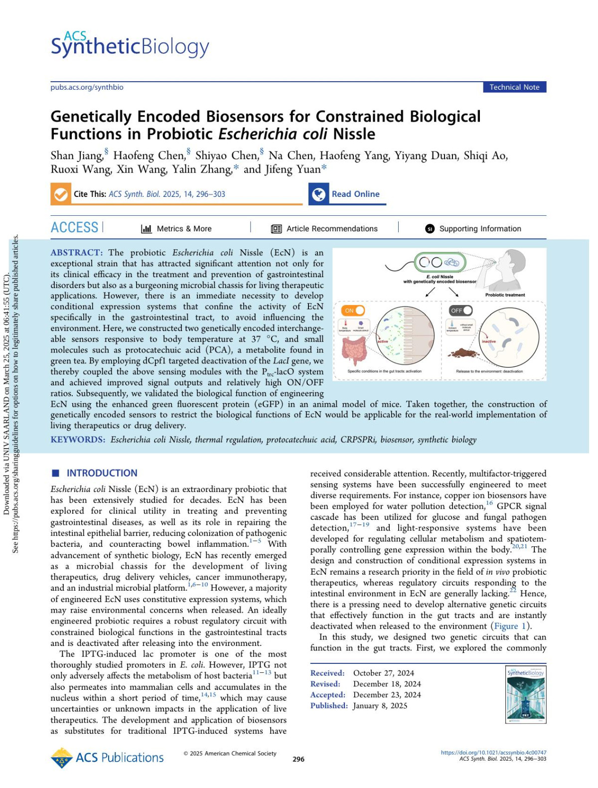 Genetically Encoded Biosensors For Constrained Biological Functions In Probiotic Escherichia Coli Nissle Shan Jiang