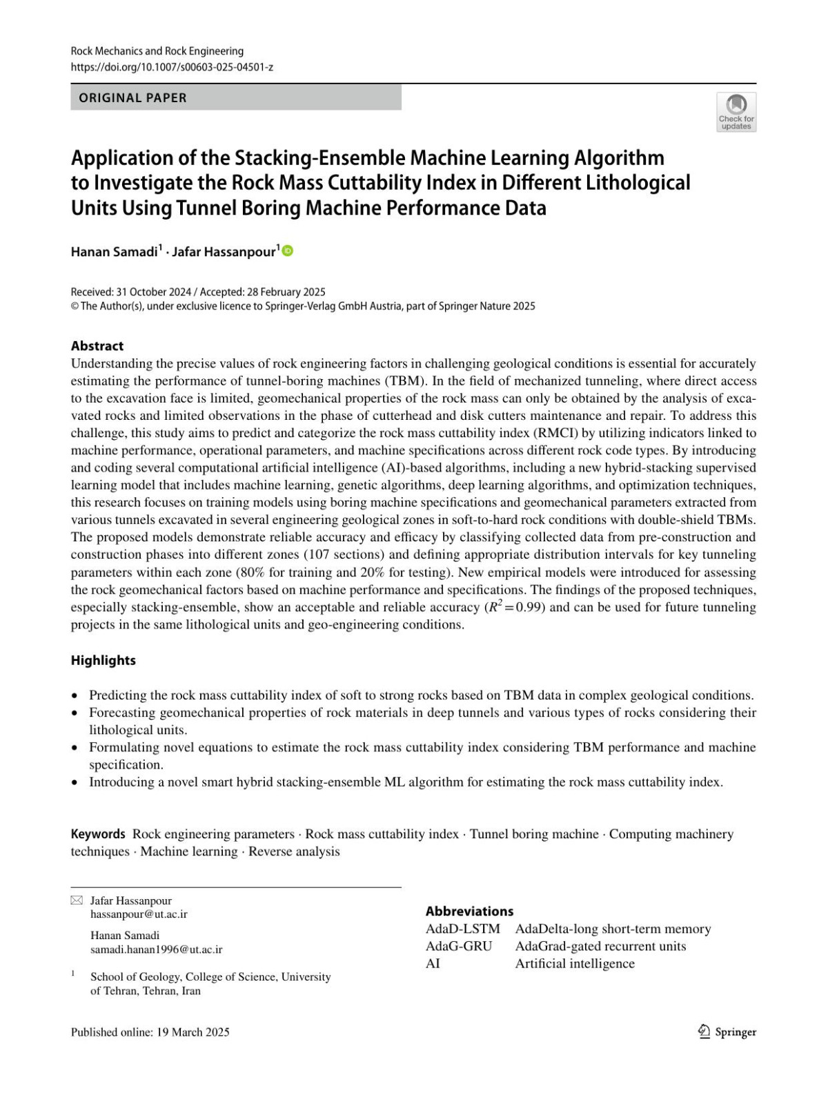 Application Of The Stackingensemble Machine Learning Algorithm To Investigate The Rock Mass Cuttability Index In Different Lithological Units Using Tunnel Boring Machine Performance Data Hanan Samadi Jafar Hassanpour
