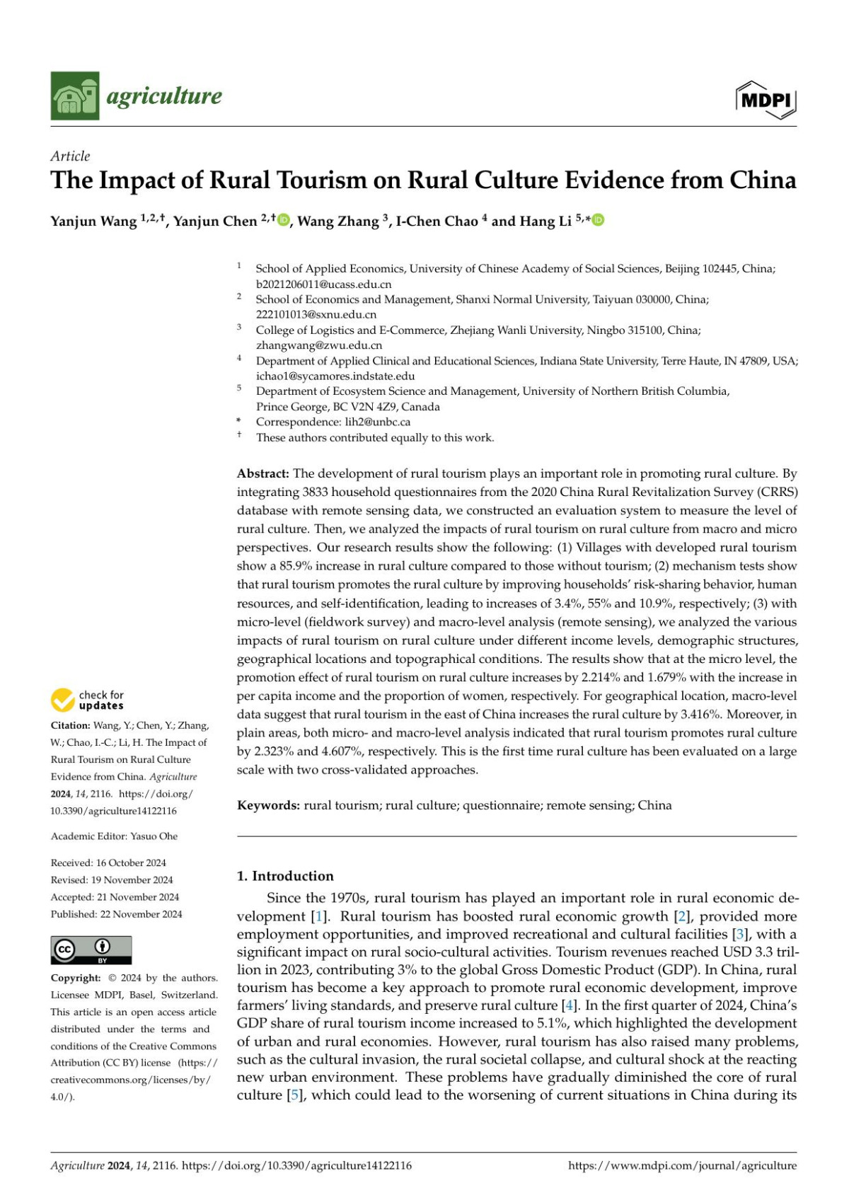 The Impact Of Rural Tourism On Rural Culture Evidence From China Yanjun Wang