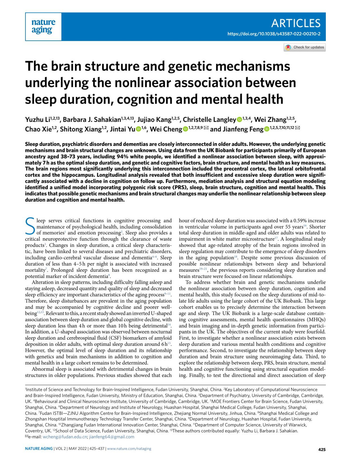 The Brain Structure And Genetic Mechanisms Underlying The Nonlinear Association Between Sleep Duration Cognition And Mental Health Yuzhu Li Barbara J Sahakian Jujiao Kang Christelle Langley Wei Zhang Chao Xie Shitong Xiang Jintai Yu Wei Cheng Jianfeng Feng