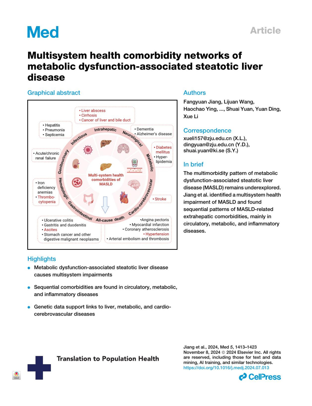 Multisystem Health Comorbidity Networks Of Metabolic Dysfunctionassociated Steatotic Liver Disease Fangyuan Jiang Lijuan Wang Haochao Ying Jing Sun Jianhui Zhao Ying Lu Zilong Bian Jie Chen Aiping Fang Xuehong Zhang Susanna C Larsson Christos S Mantzoros Weilin Wang Shuai Yuan Yuan Ding Xue Li