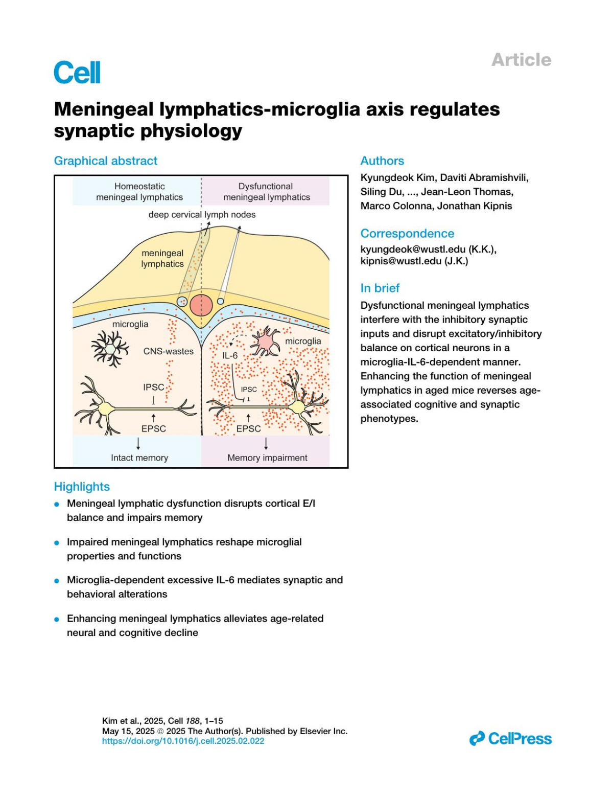 Meningeal Lymphaticsmicroglia Axis Regulates Synaptic Physiology Kyungdeok Kim Daviti Abramishvili Siling Du Zachary Papadopoulos Jay Cao Jasmin Herz Igor Smirnov Jeanleon Thomas Marco Colonna Jonathan Kipnis