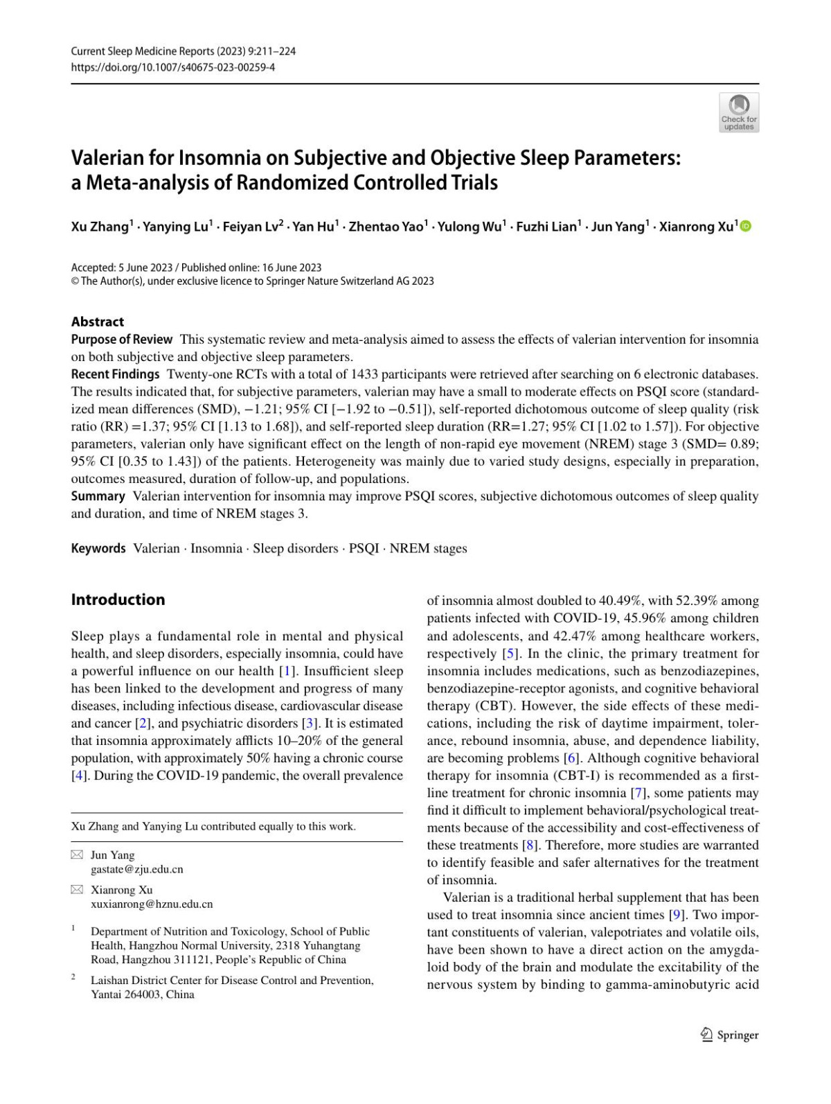 Valerian For Insomnia On Subjective And Objective Sleep Parameters A Metaanalysis Of Randomized Controlled Trials Xu Zhang Yanying Lu Feiyan Lv Yan Hu Zhentao Yao Yulong Wu Fuzhi Lian Jun Yang Xianrong Xu