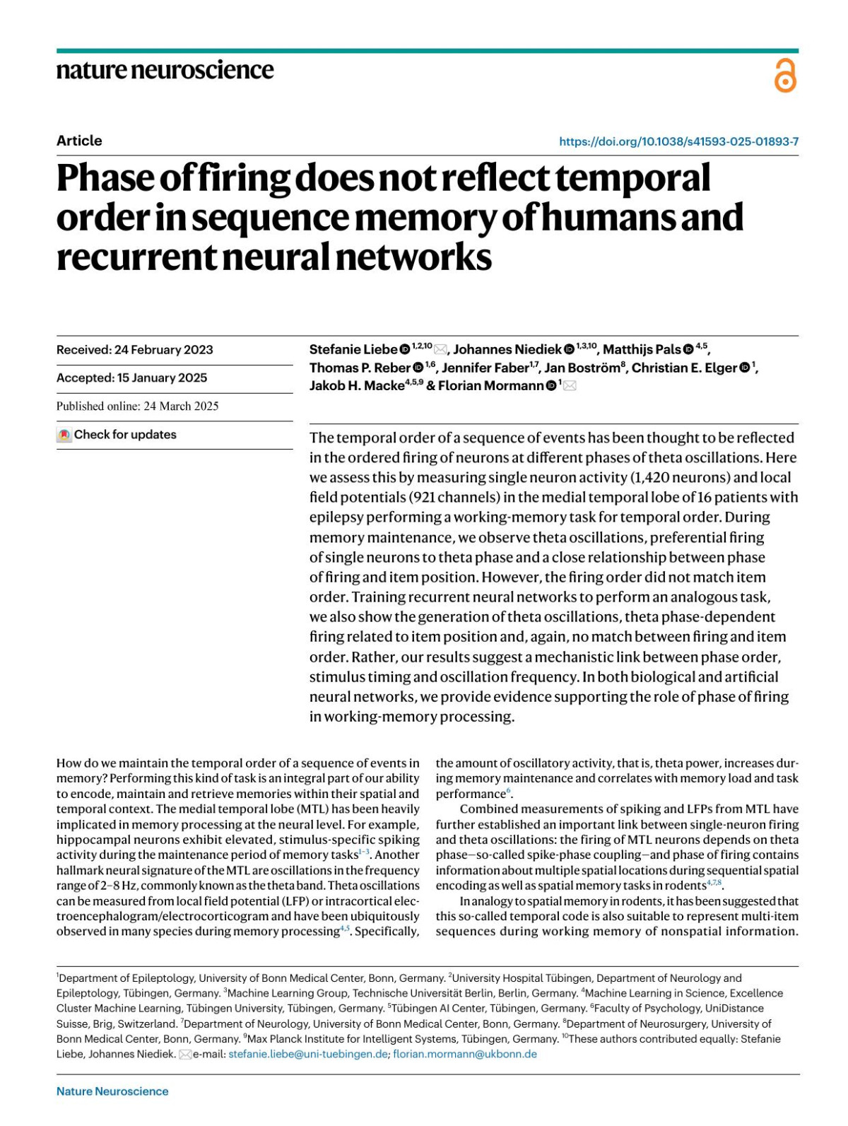 Phase Of Firing Does Not Reflect Temporal Order In Sequence Memory Of Humans And Recurrent Neural Networks Stefanie Liebe Johannes Niediek Matthijs Pals Thomas P Reber Jennifer Faber Jan Bostrampx000f6m Christian E Elger Jakob H Macke Florian Mormann