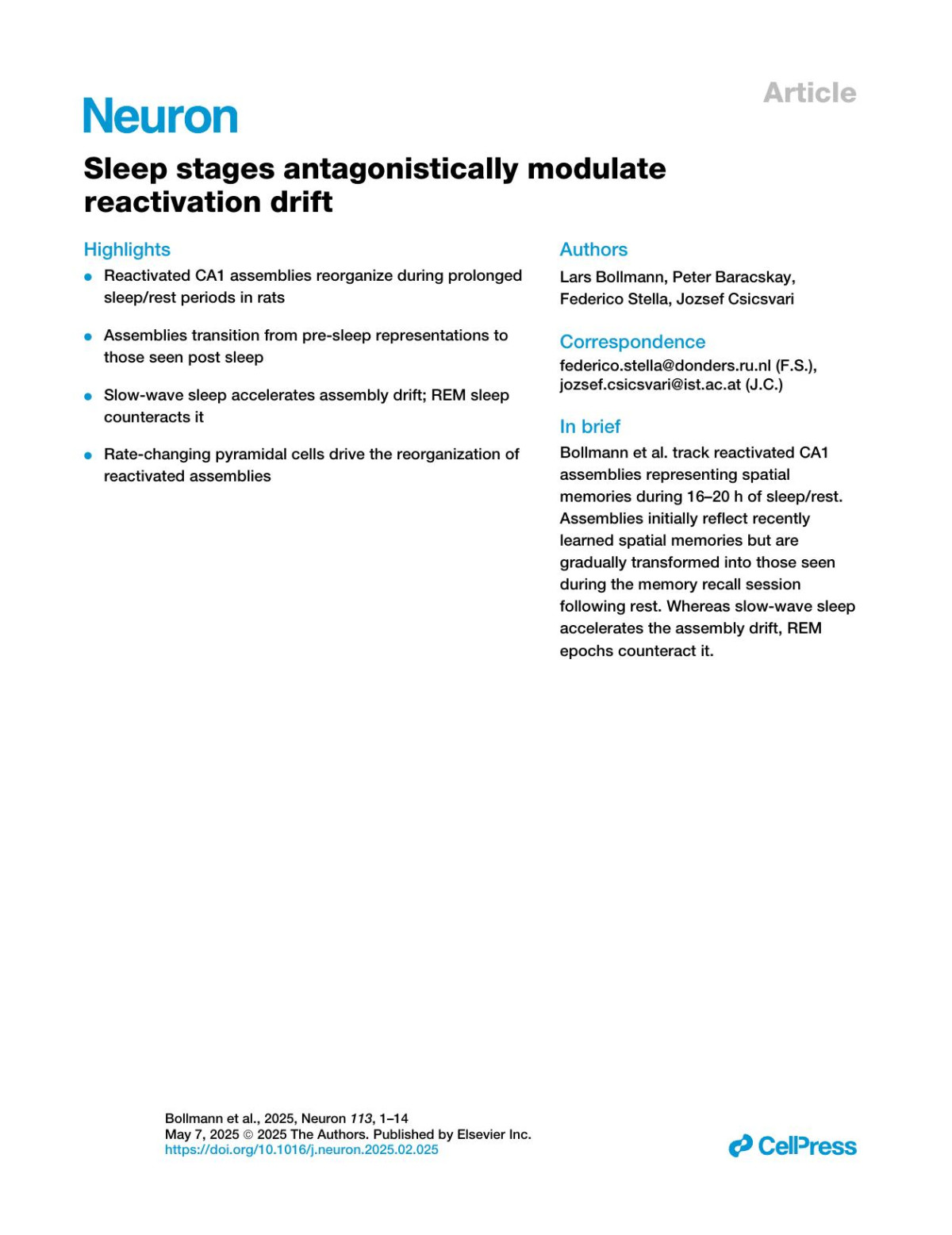 Sleep Stages Antagonistically Modulate Reactivation Drift Lars Bollmann Peter Baracskay Federico Stella Jozsef Csicsvari