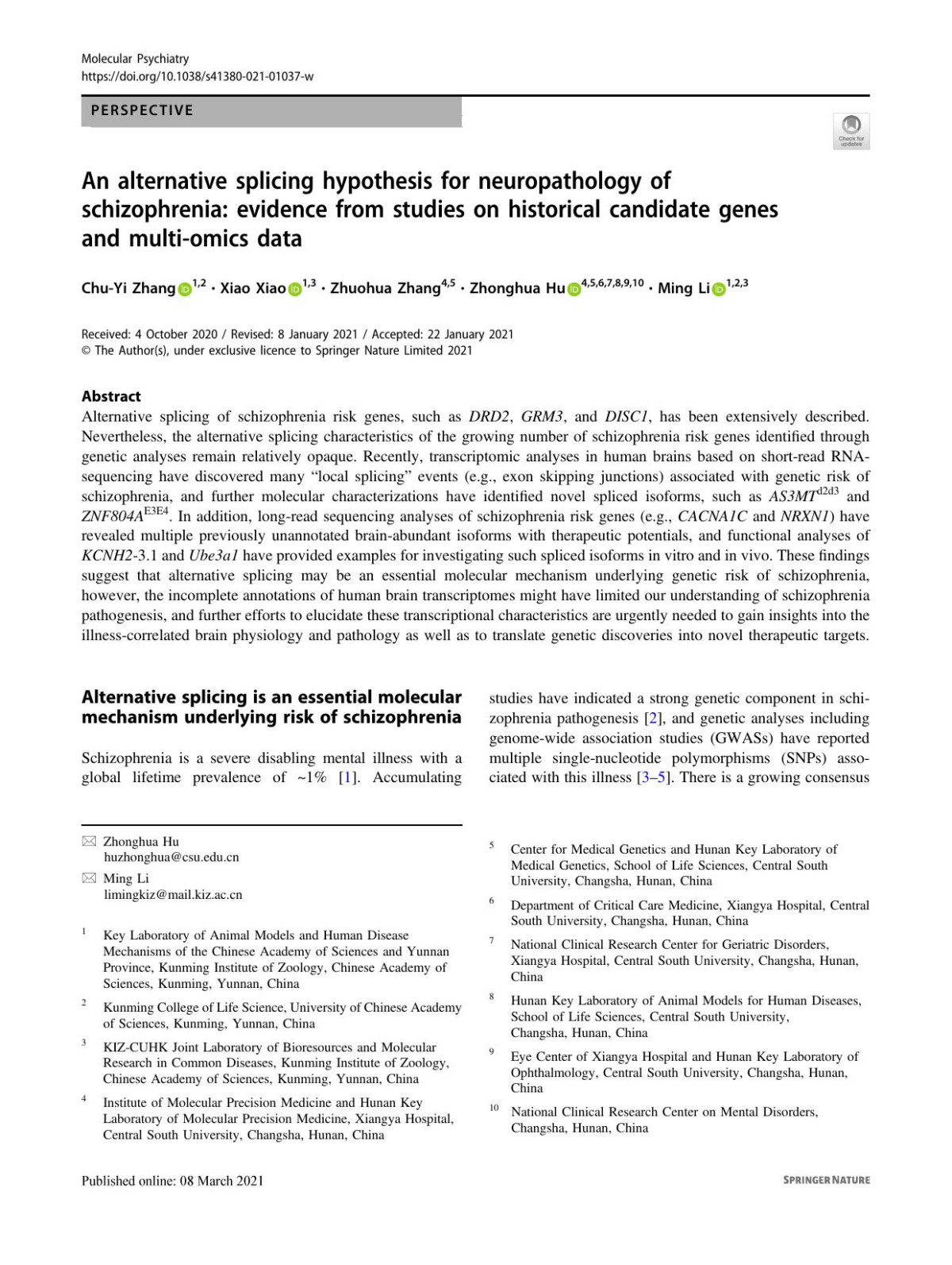 An Alternative Splicing Hypothesis For Neuropathology Of Schizophrenia Evidence From Studies On Historical Candidate Genes And Multiomics Data Chuyi Zhang Xiao Xiao Zhuohua Zhang Zhonghua Hu Ming Li