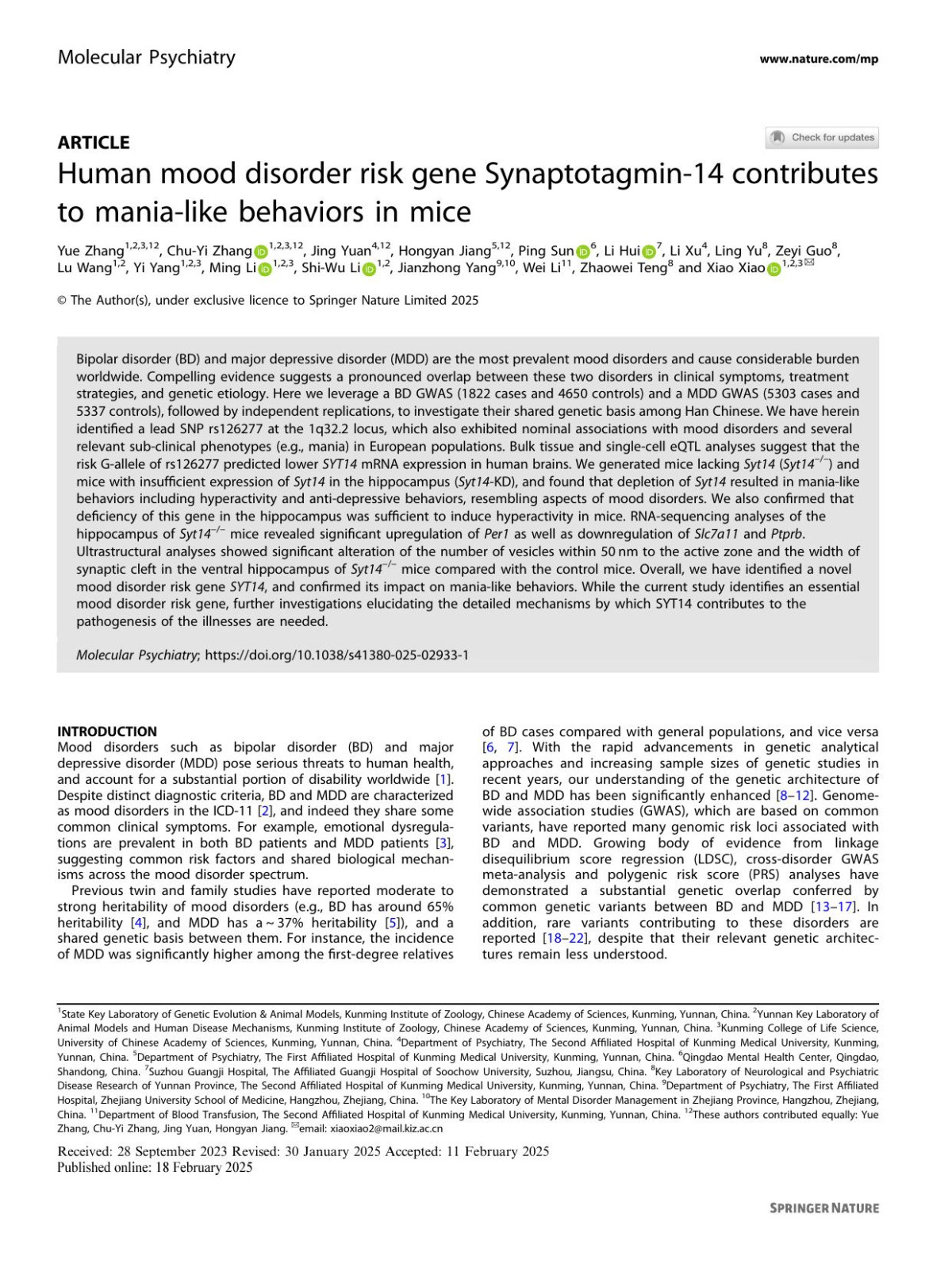 Human Mood Disorder Risk Gene Synaptotagmin14 Contributes To Manialike Behaviors In Mice Yue Zhang Chuyi Zhang Jing Yuan Hongyan Jiang Ping Sun Li Hui Li Xu Ling Yu Zeyi Guo Lu Wang Yi Yang Ming Li Shiwu Li Jianzhong Yang Wei Li Zhaowei Teng Xiao Xiao