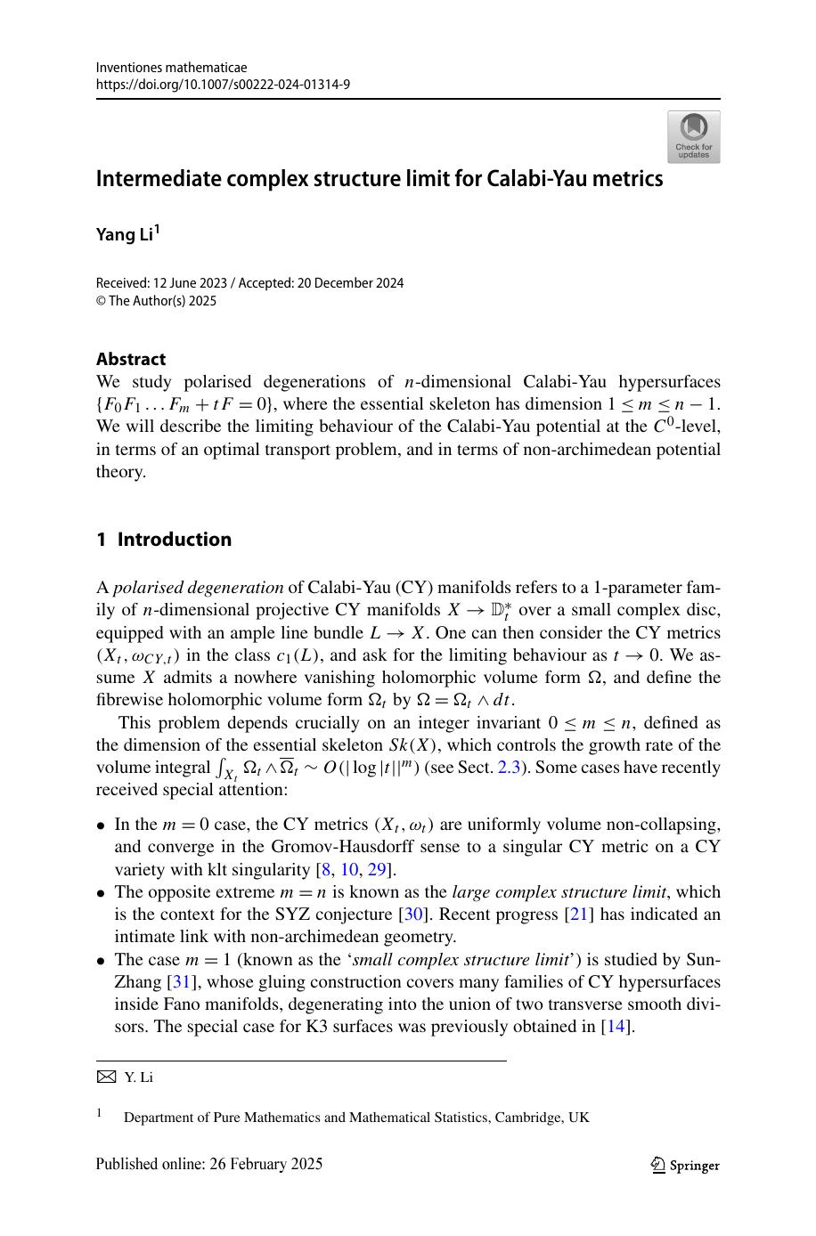 Intermediate Complex Structure Limit For Calabiyau Metrics Yang Li