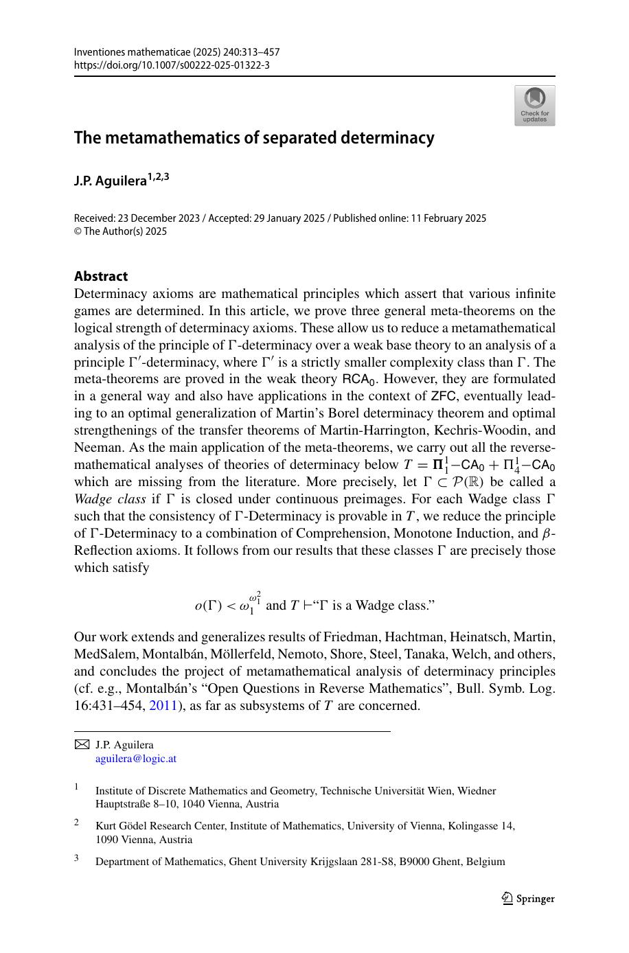 The Metamathematics Of Separated Determinacy J P Aguilera