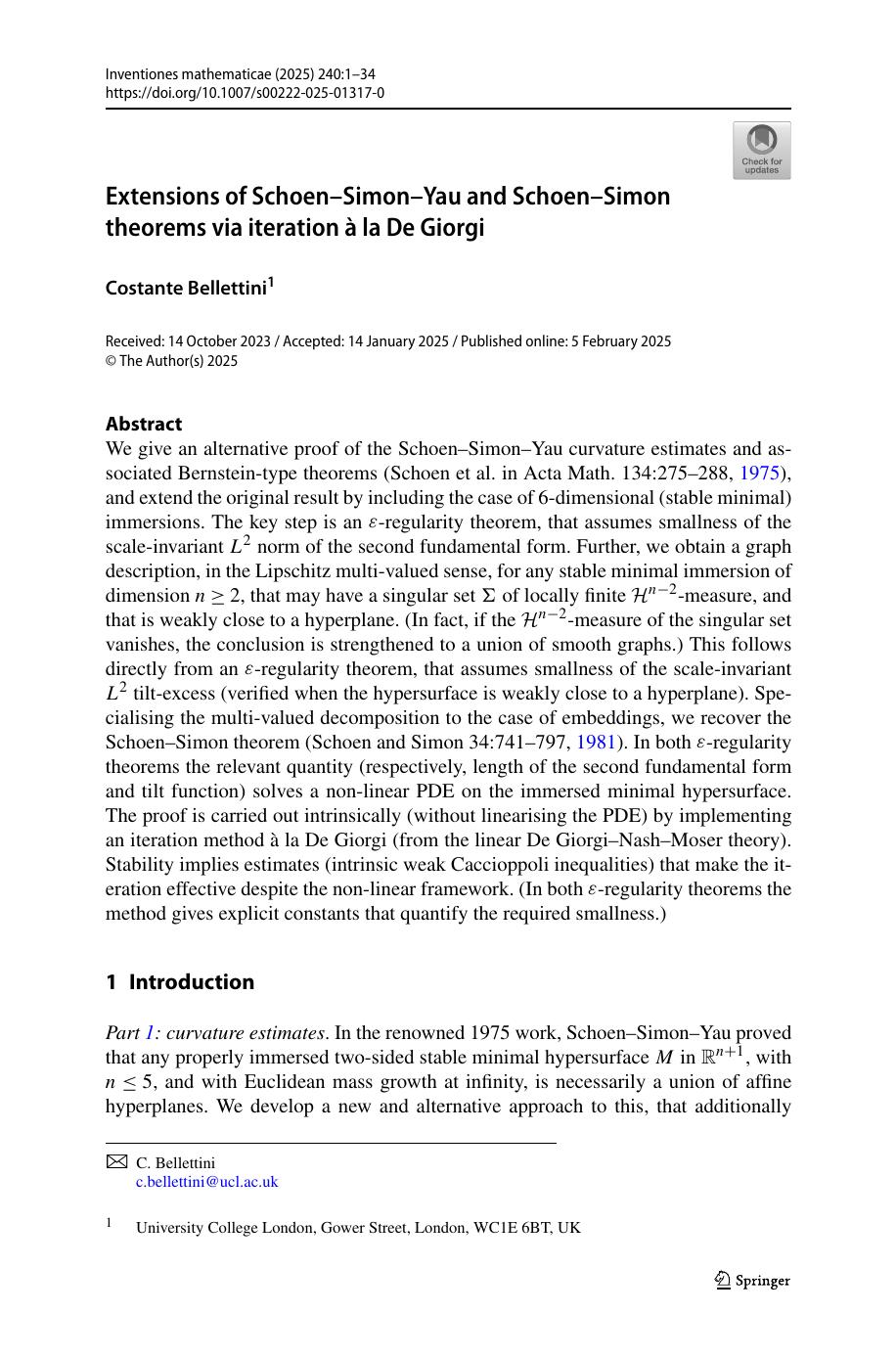Extensions Of Schoensimonyau And Schoensimon Theorems Via Iteration à La De Giorgi Costante Bellettini